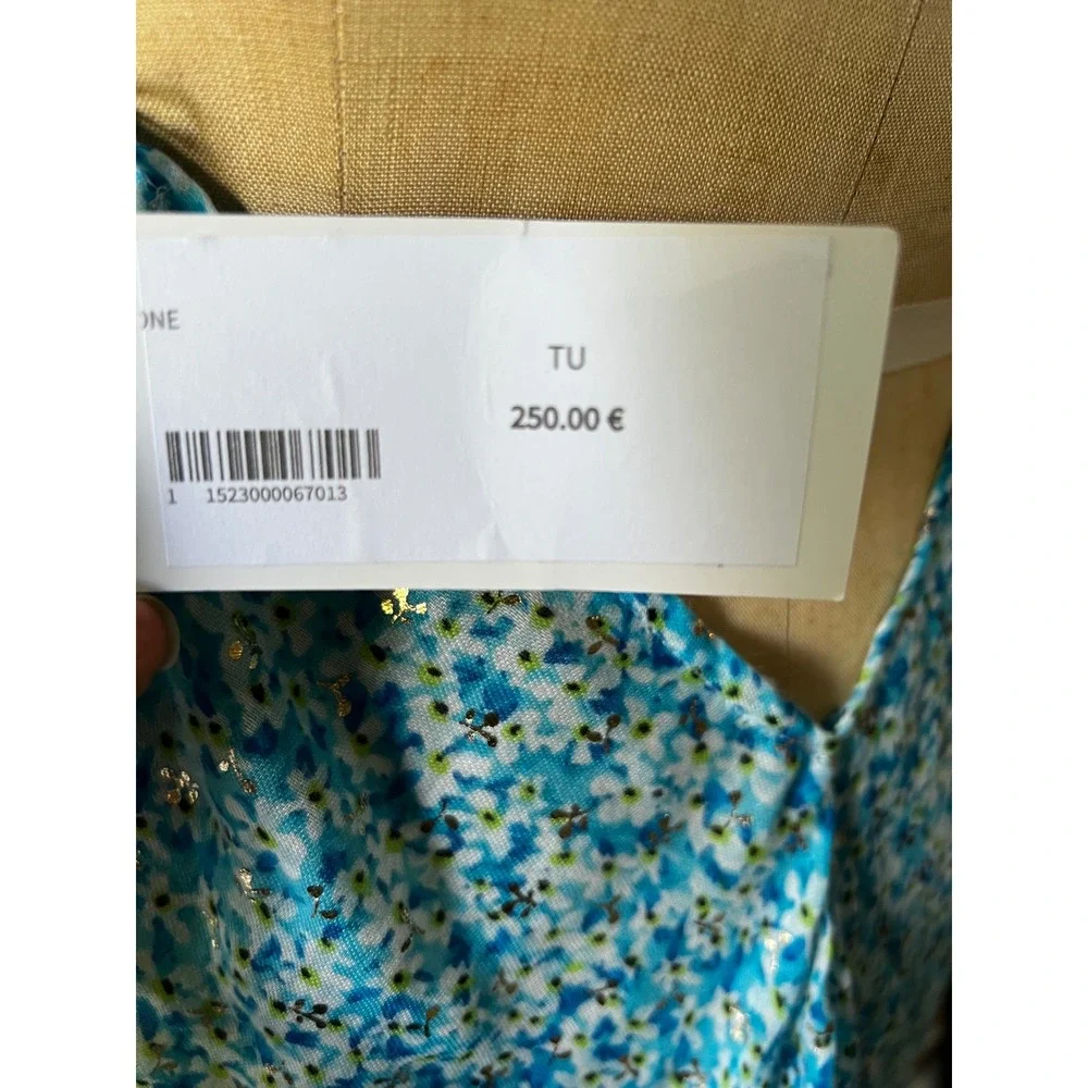 Pop St Barth Blue Floral Gold Foil Halter Cover Up Dress Euro Vacation Chic OS